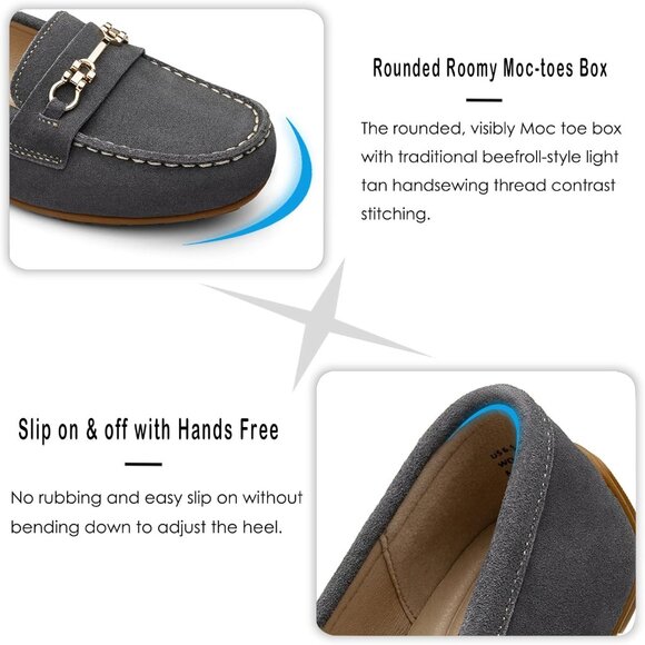 Kordal Women's Grey Leather Gold Accent Buckle Slip-Ons Comfortable Loafers - Picture 5 of 9